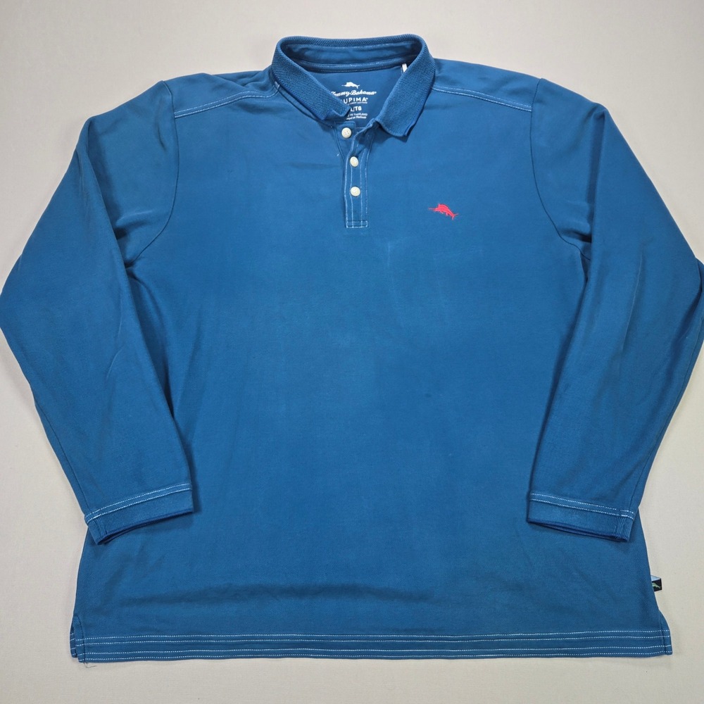 Tommy Bahama Supima Cotton Long Sleeve Polo Shirt Red Marlin Logo XL Tall Blue‎